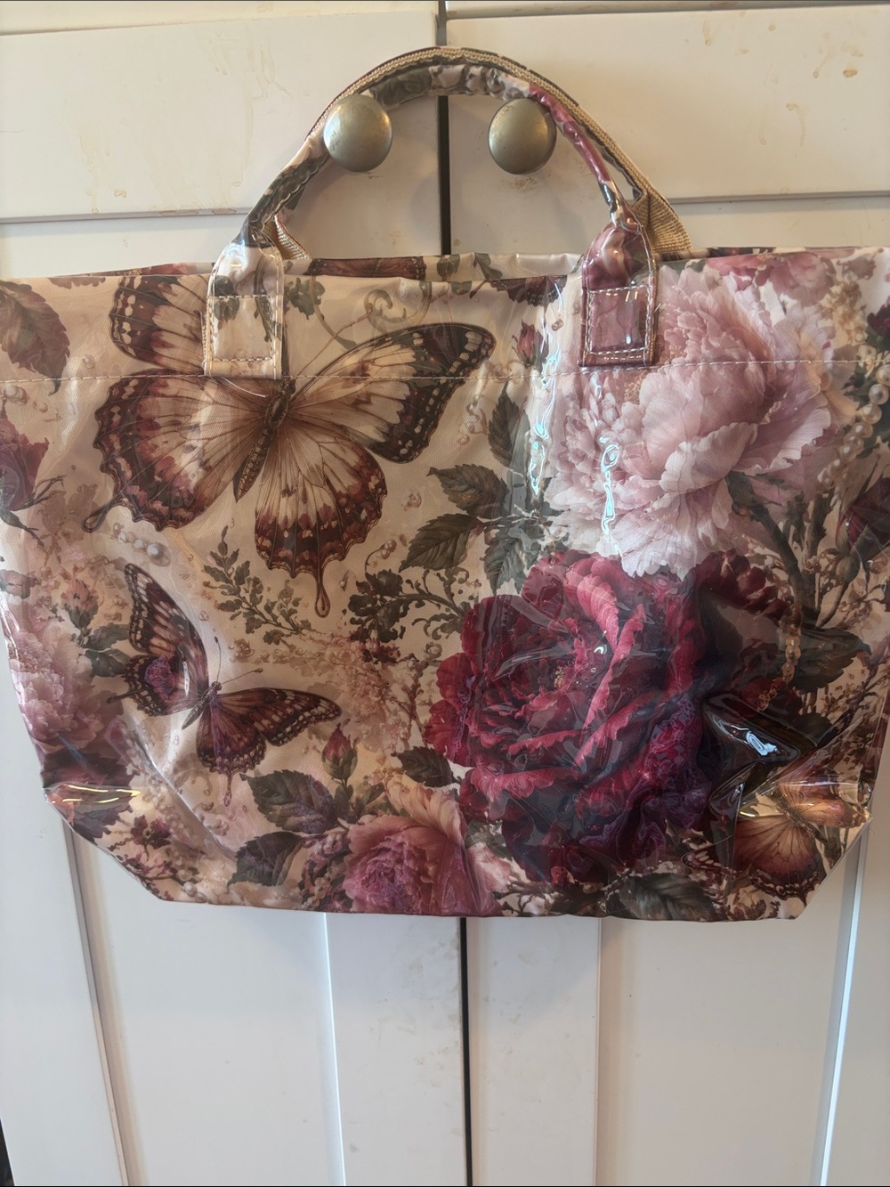 Floral & Butterfly Vinyl Tote Bag in Pink and Burgundy New Large